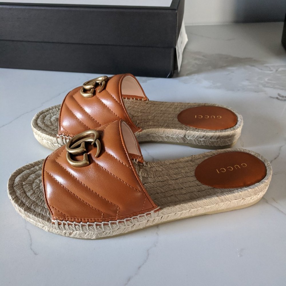 Gucci Tan Brown Pilar Espadrille Slide Sandals GG - Picture 7 of 9